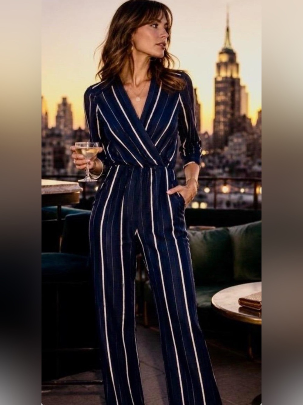 MAJE Striped Navy Wrap Jumpsuit Medium M